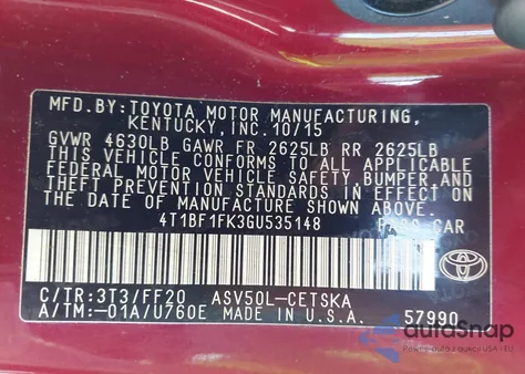 2016 Toyota Camry Se z USA, uszkodzony, nr VIN 4T1BF1FK3GU535148